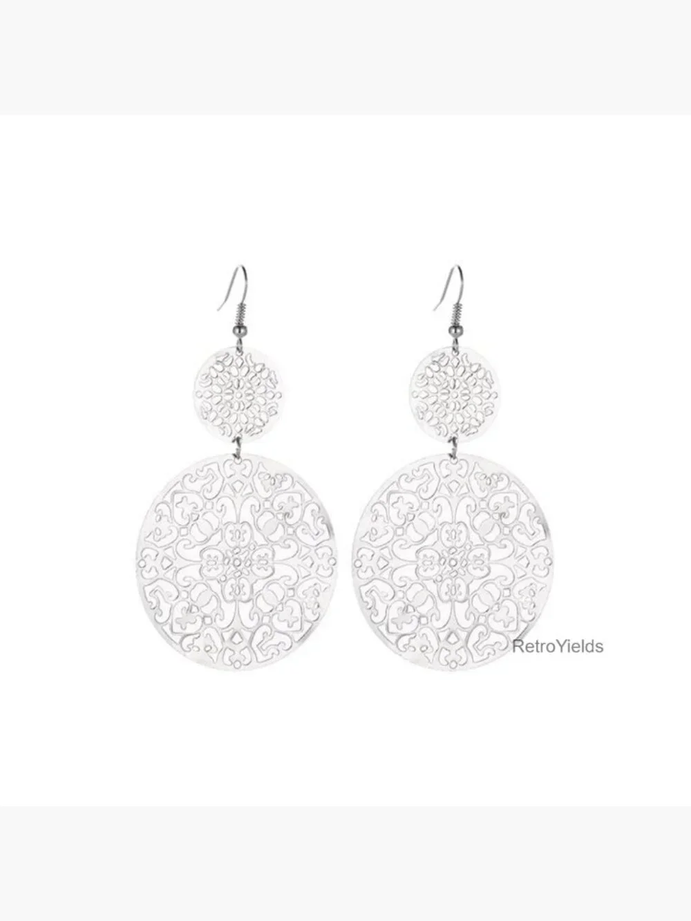 Boho Filigree Geometric Dangle Drop Earrings for Women, Double Round Disc